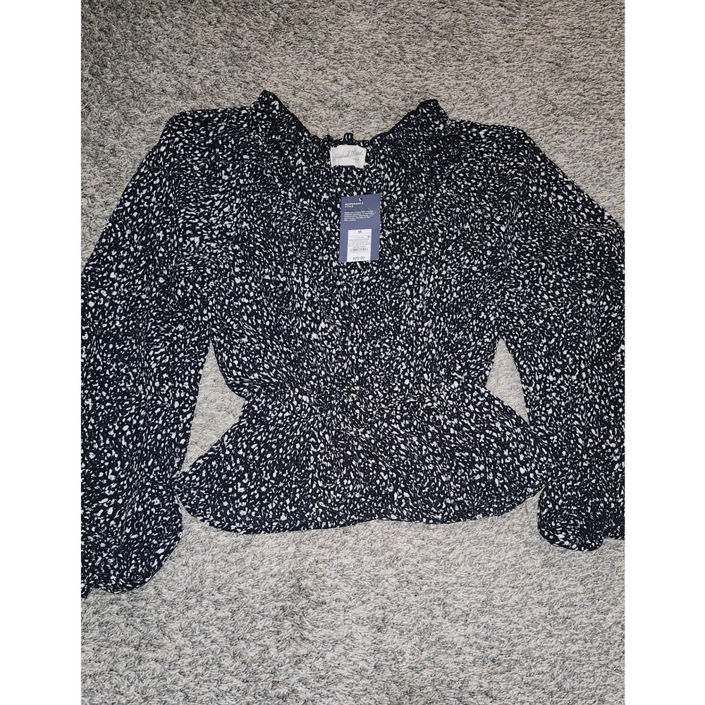 Universal Thread Black White Speckled Peplum‎ Blouse Long Sleeve Women's M
